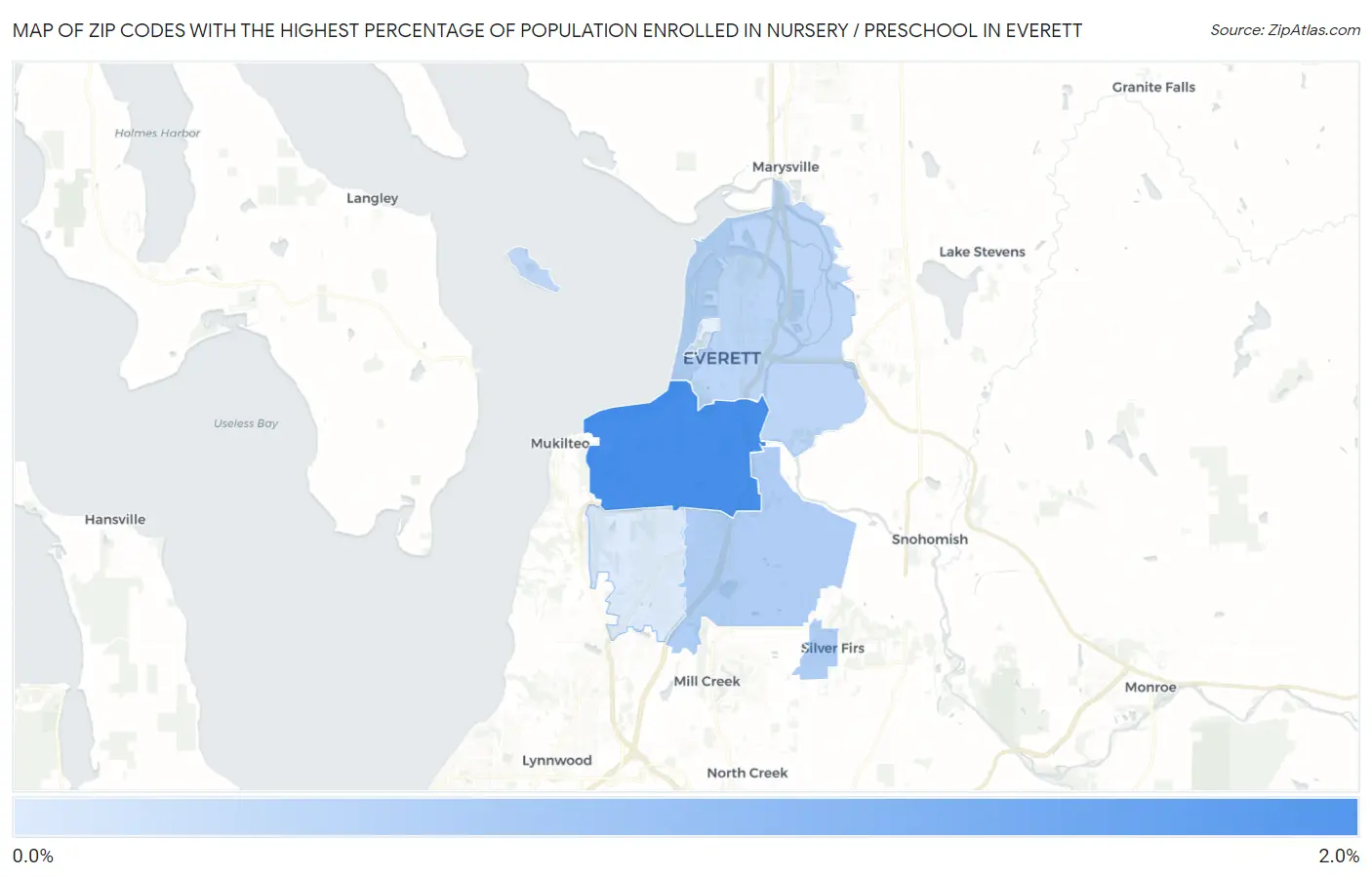 Zip Codes with the Highest Percentage of Population Enrolled in Nursery / Preschool in Everett Map