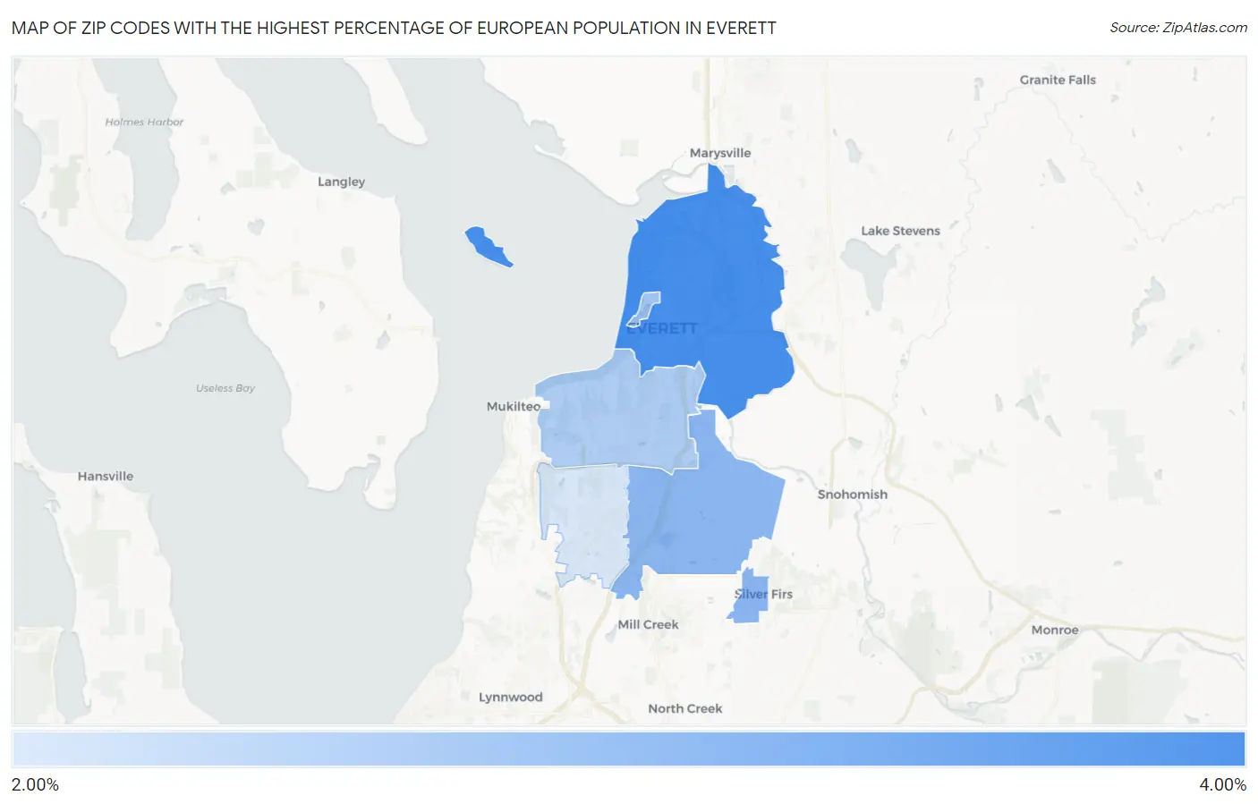 Zip Codes with the Highest Percentage of European Population in Everett Map