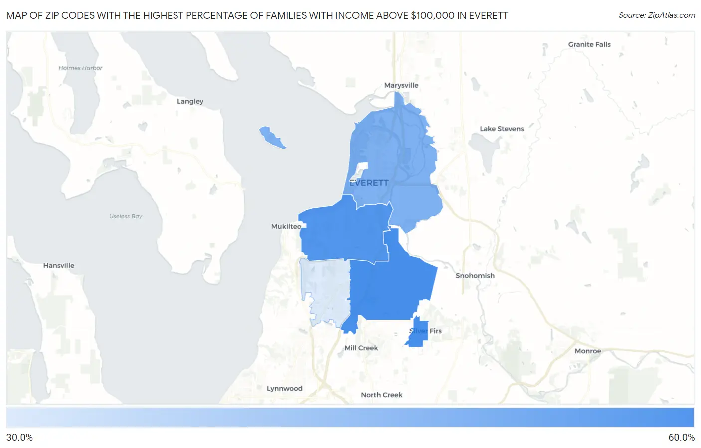 Zip Codes with the Highest Percentage of Families with Income Above $100,000 in Everett Map