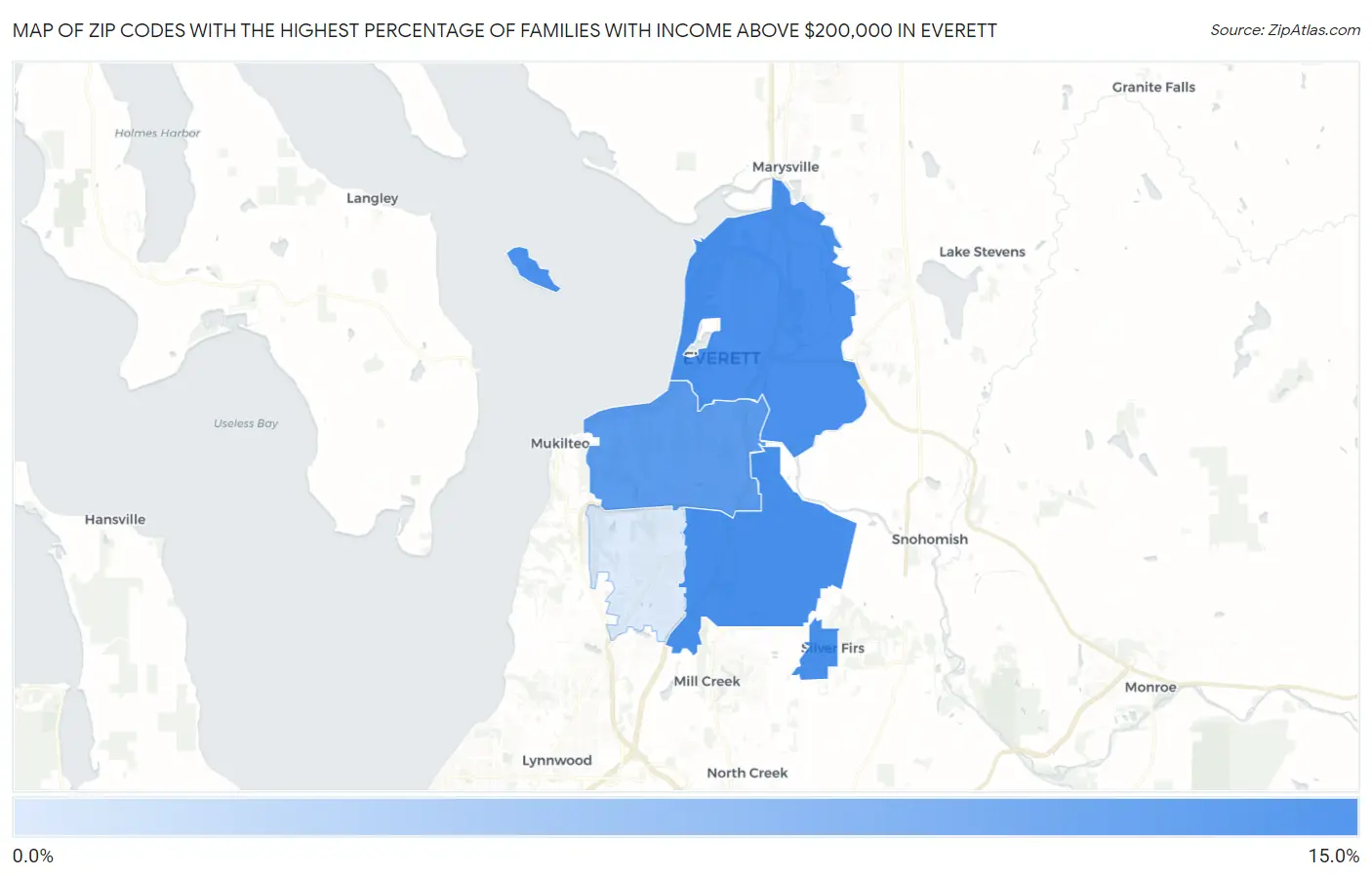 Zip Codes with the Highest Percentage of Families with Income Above $200,000 in Everett Map