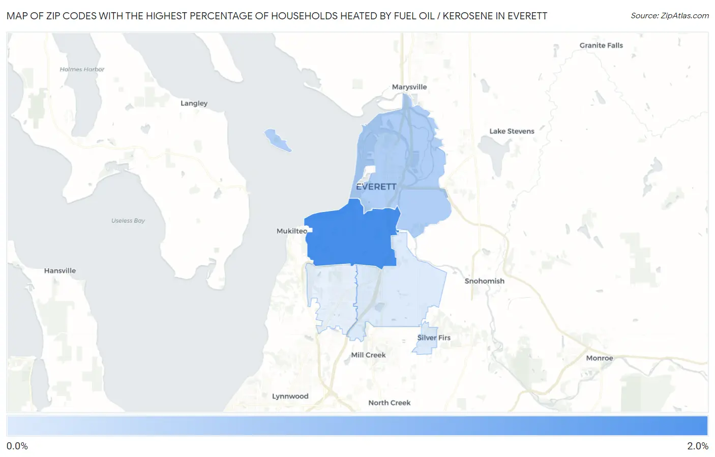 Zip Codes with the Highest Percentage of Households Heated by Fuel Oil / Kerosene in Everett Map
