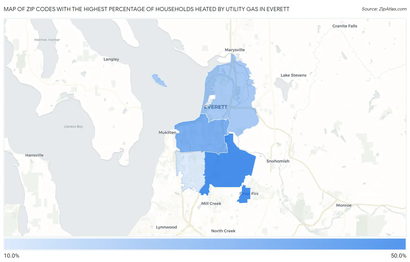 Zip Codes with the Highest Percentage of Households Heated by Utility Gas in Everett Map
