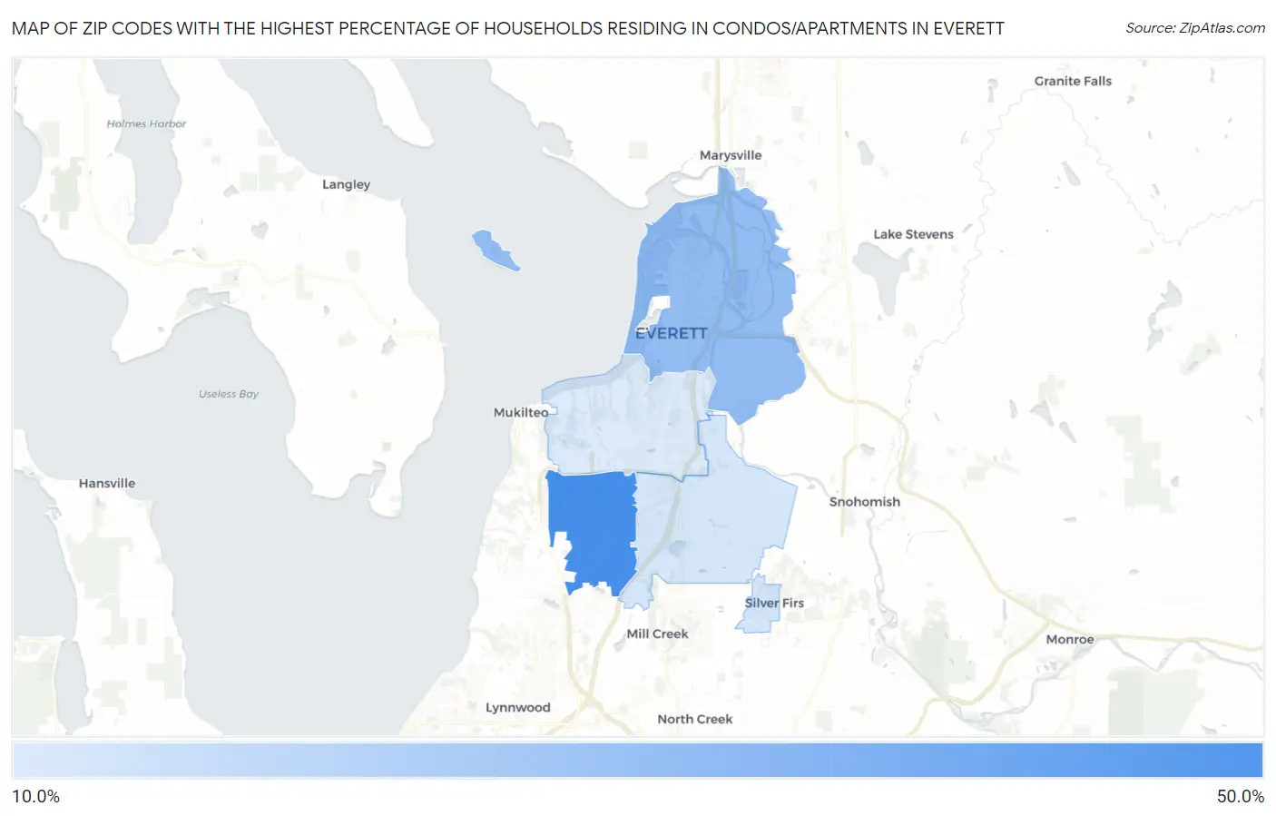 Zip Codes with the Highest Percentage of Households Residing in Condos/Apartments in Everett Map
