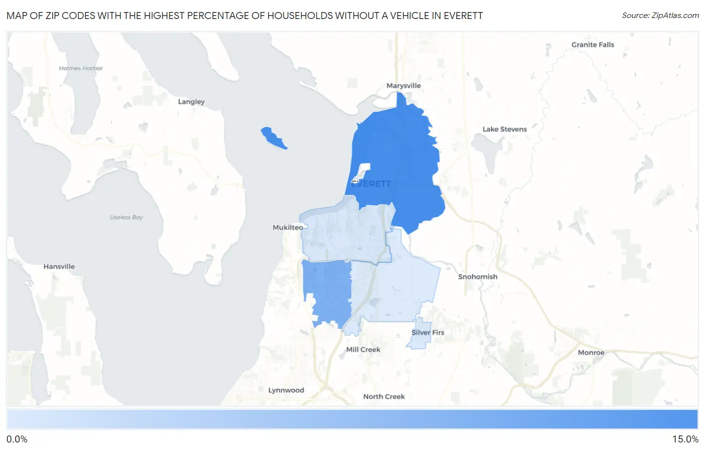 Zip Codes with the Highest Percentage of Households Without a Vehicle in Everett Map