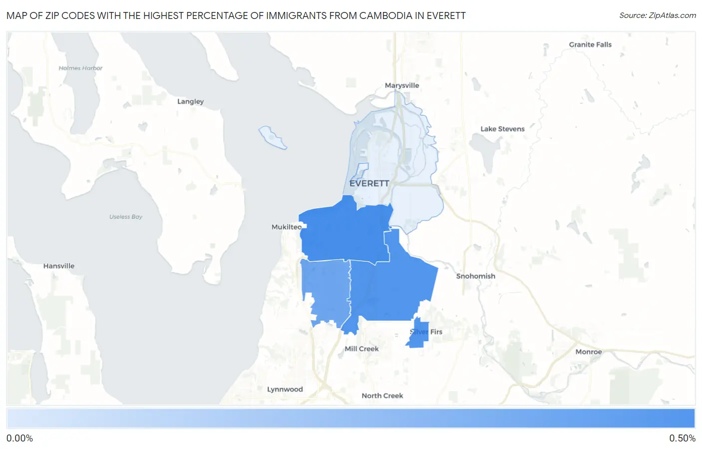 Zip Codes with the Highest Percentage of Immigrants from Cambodia in Everett Map