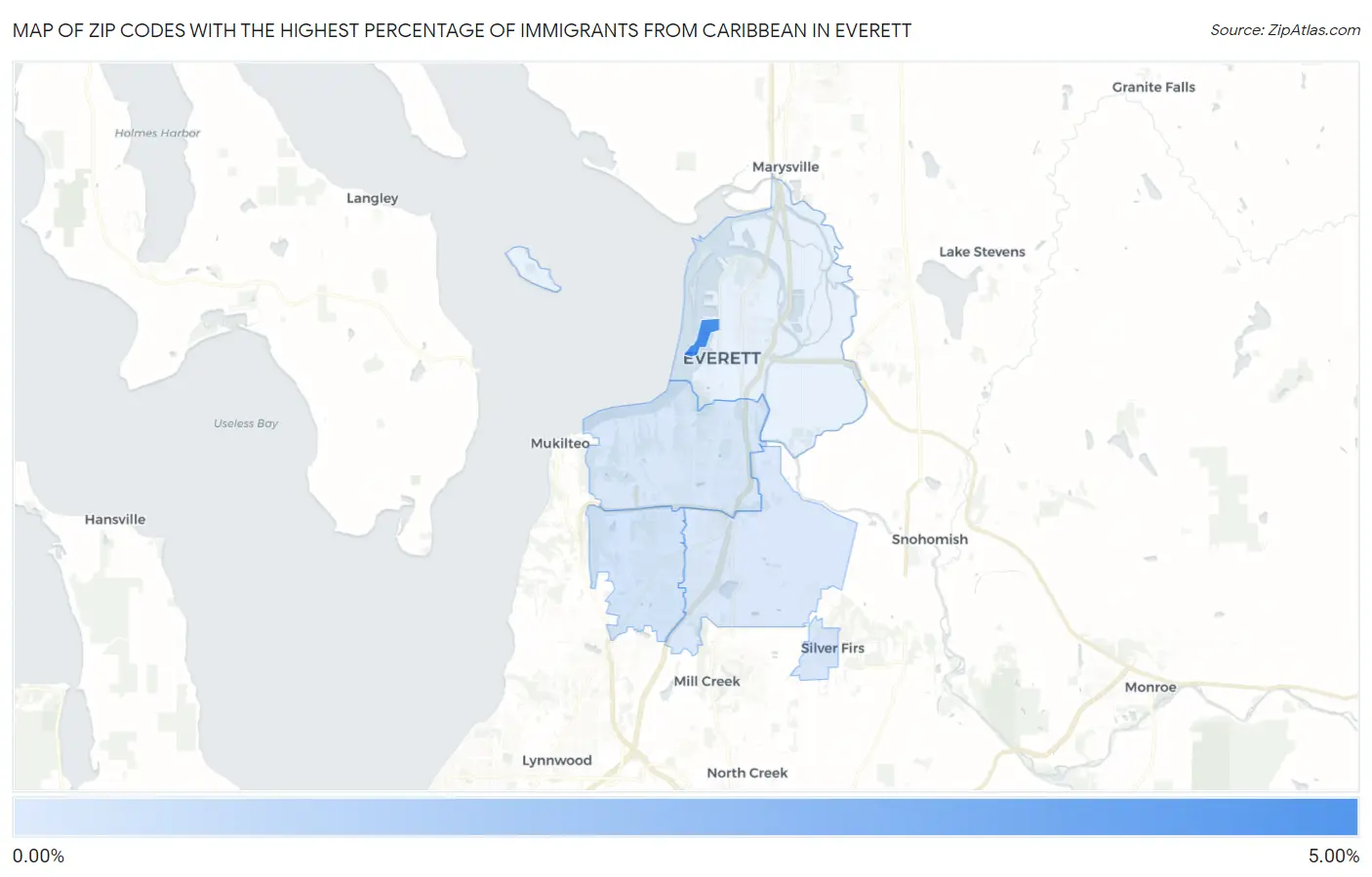 Zip Codes with the Highest Percentage of Immigrants from Caribbean in Everett Map