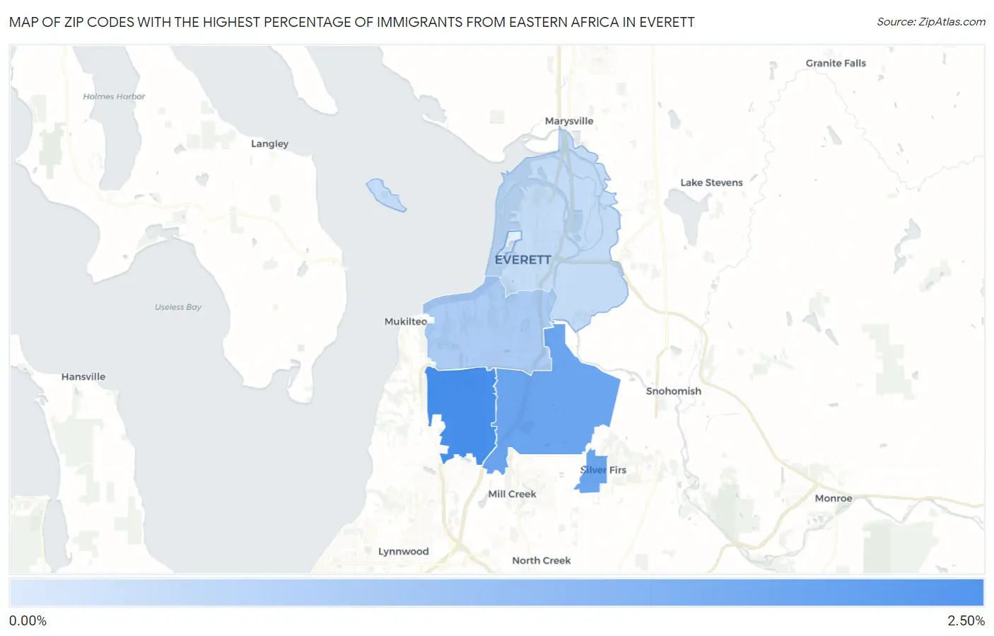 Zip Codes with the Highest Percentage of Immigrants from Eastern Africa in Everett Map