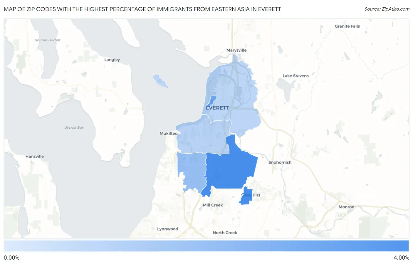 Zip Codes with the Highest Percentage of Immigrants from Eastern Asia in Everett Map