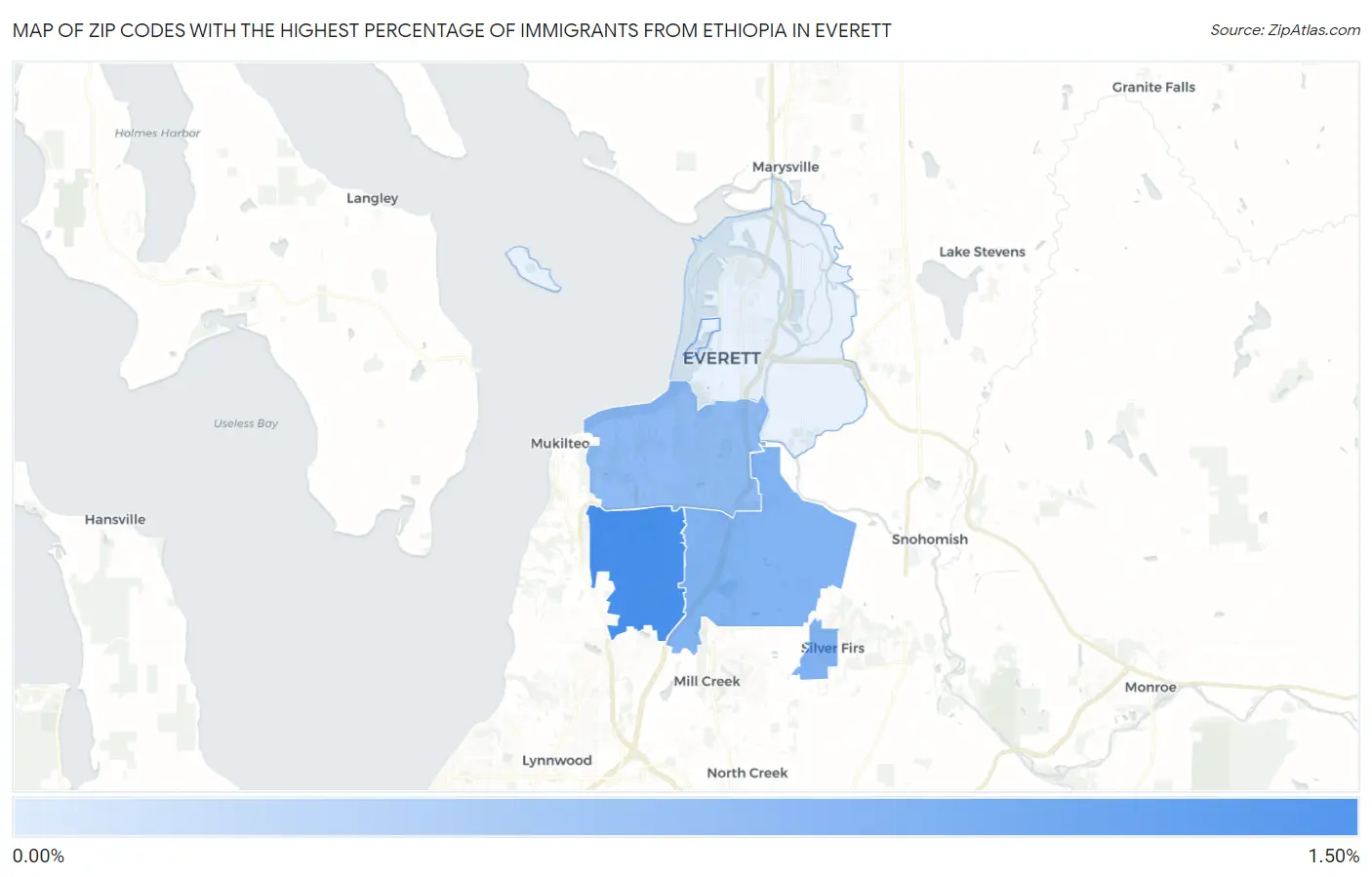 Zip Codes with the Highest Percentage of Immigrants from Ethiopia in Everett Map