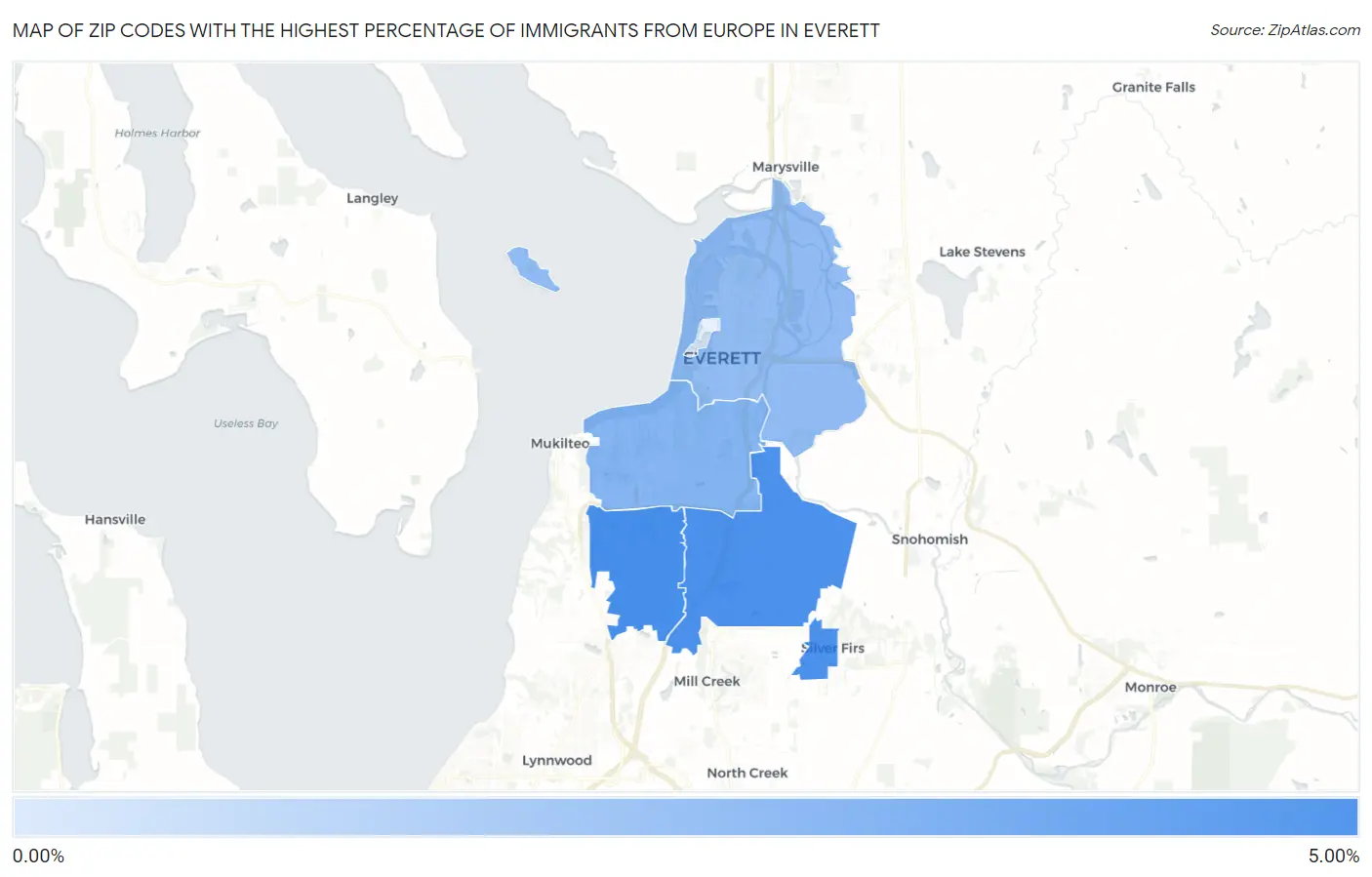 Zip Codes with the Highest Percentage of Immigrants from Europe in Everett Map
