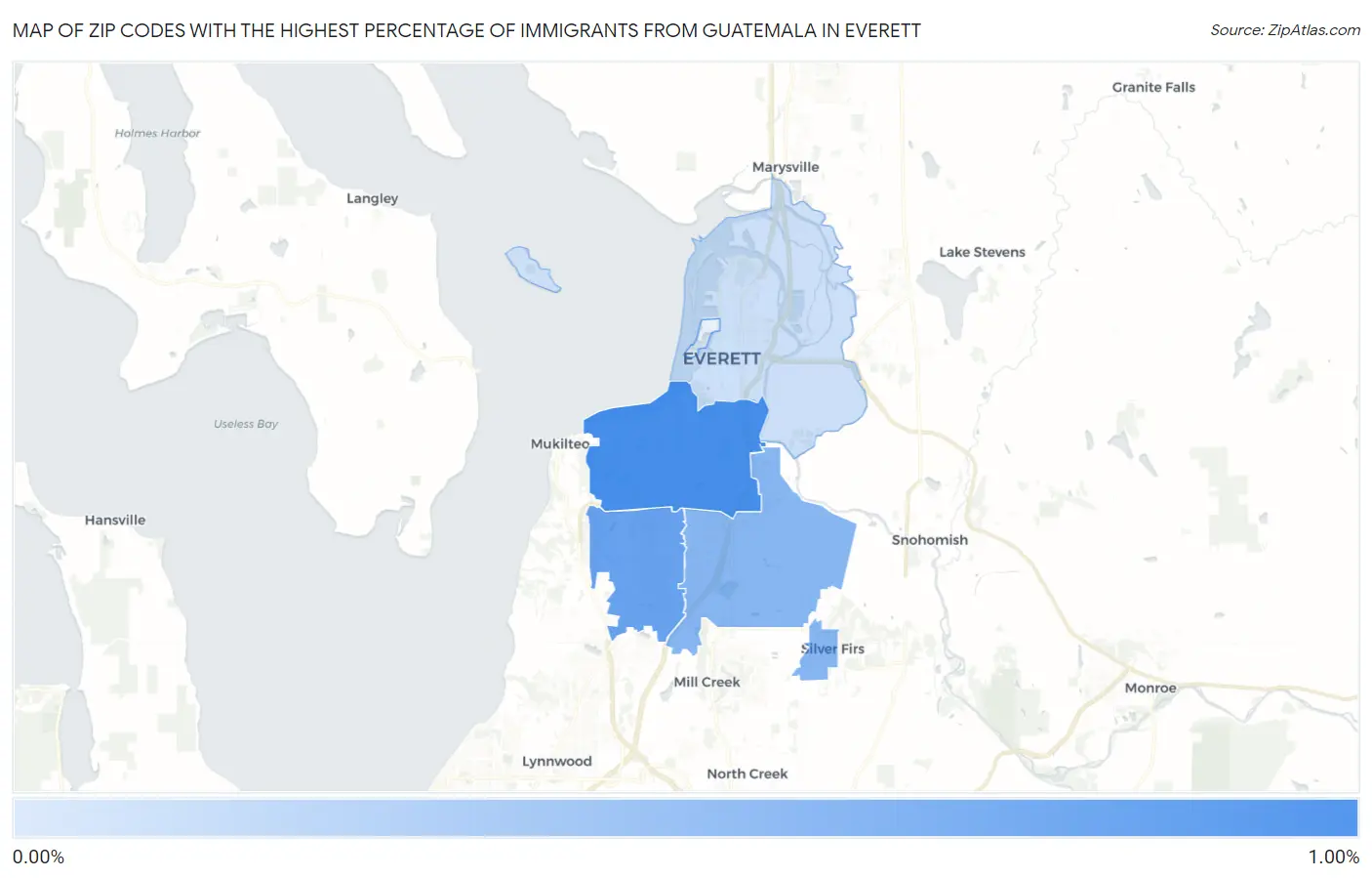 Zip Codes with the Highest Percentage of Immigrants from Guatemala in Everett Map