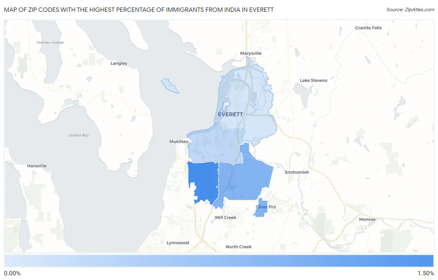 Zip Codes with the Highest Percentage of Immigrants from India in Everett Map