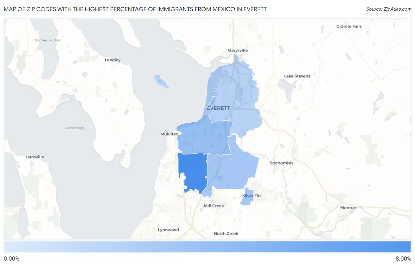 Zip Codes with the Highest Percentage of Immigrants from Mexico in Everett Map