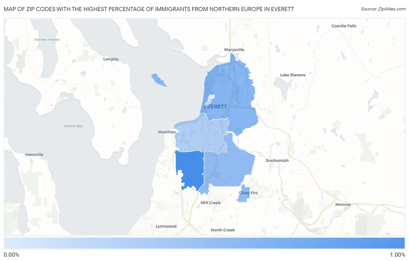 Zip Codes with the Highest Percentage of Immigrants from Northern Europe in Everett Map