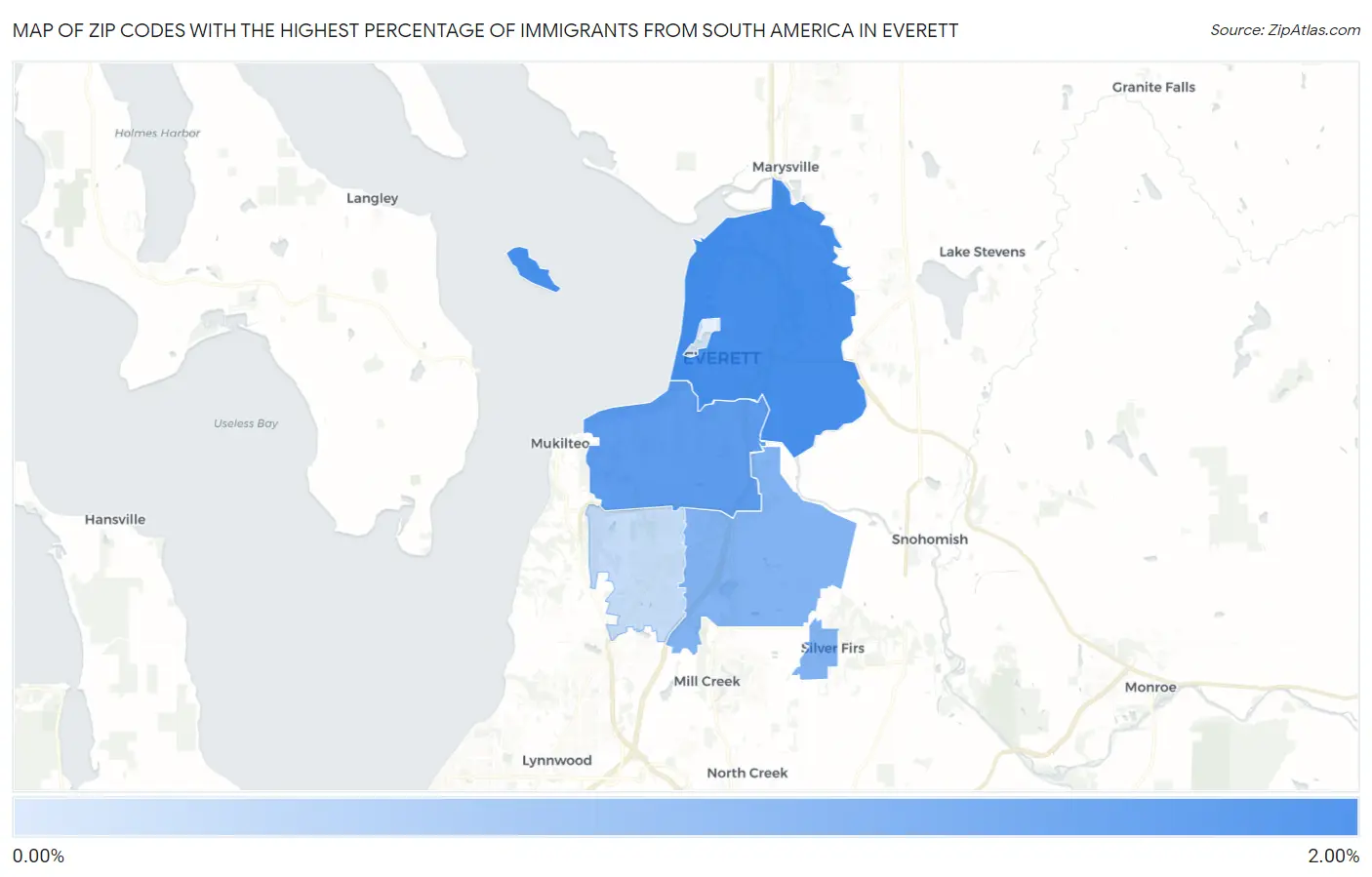 Zip Codes with the Highest Percentage of Immigrants from South America in Everett Map
