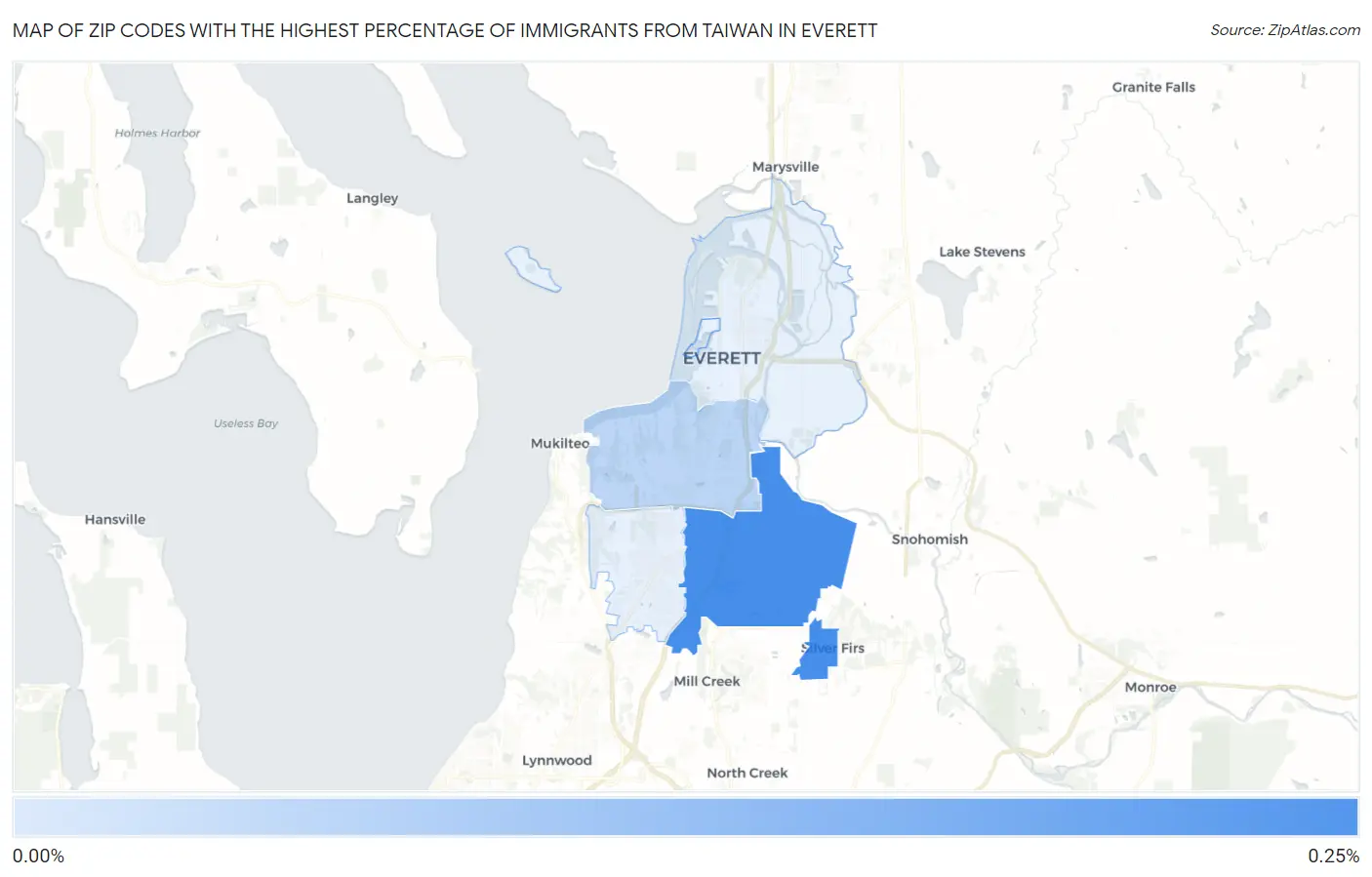 Zip Codes with the Highest Percentage of Immigrants from Taiwan in Everett Map