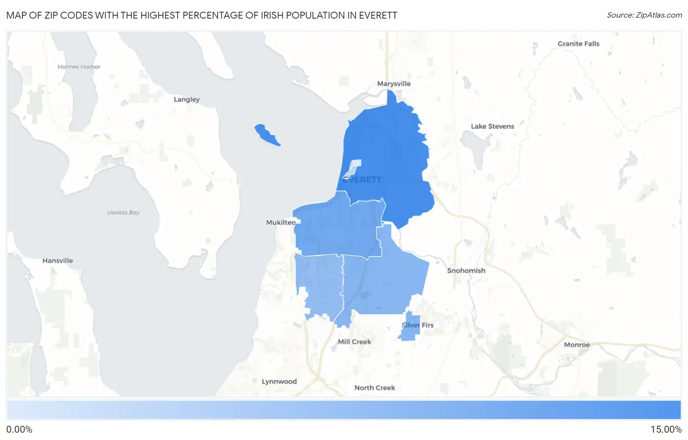 Zip Codes with the Highest Percentage of Irish Population in Everett Map