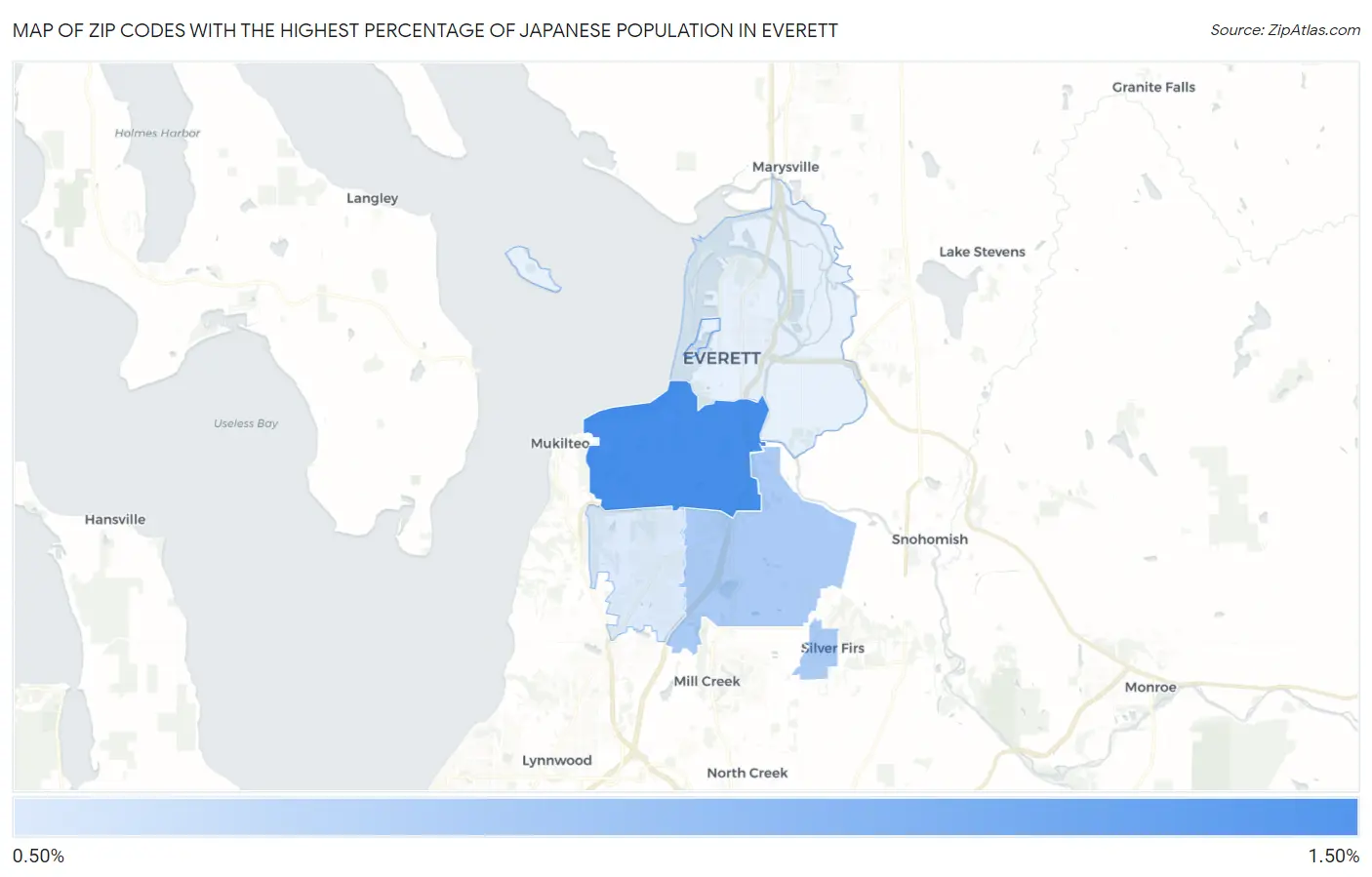 Zip Codes with the Highest Percentage of Japanese Population in Everett Map
