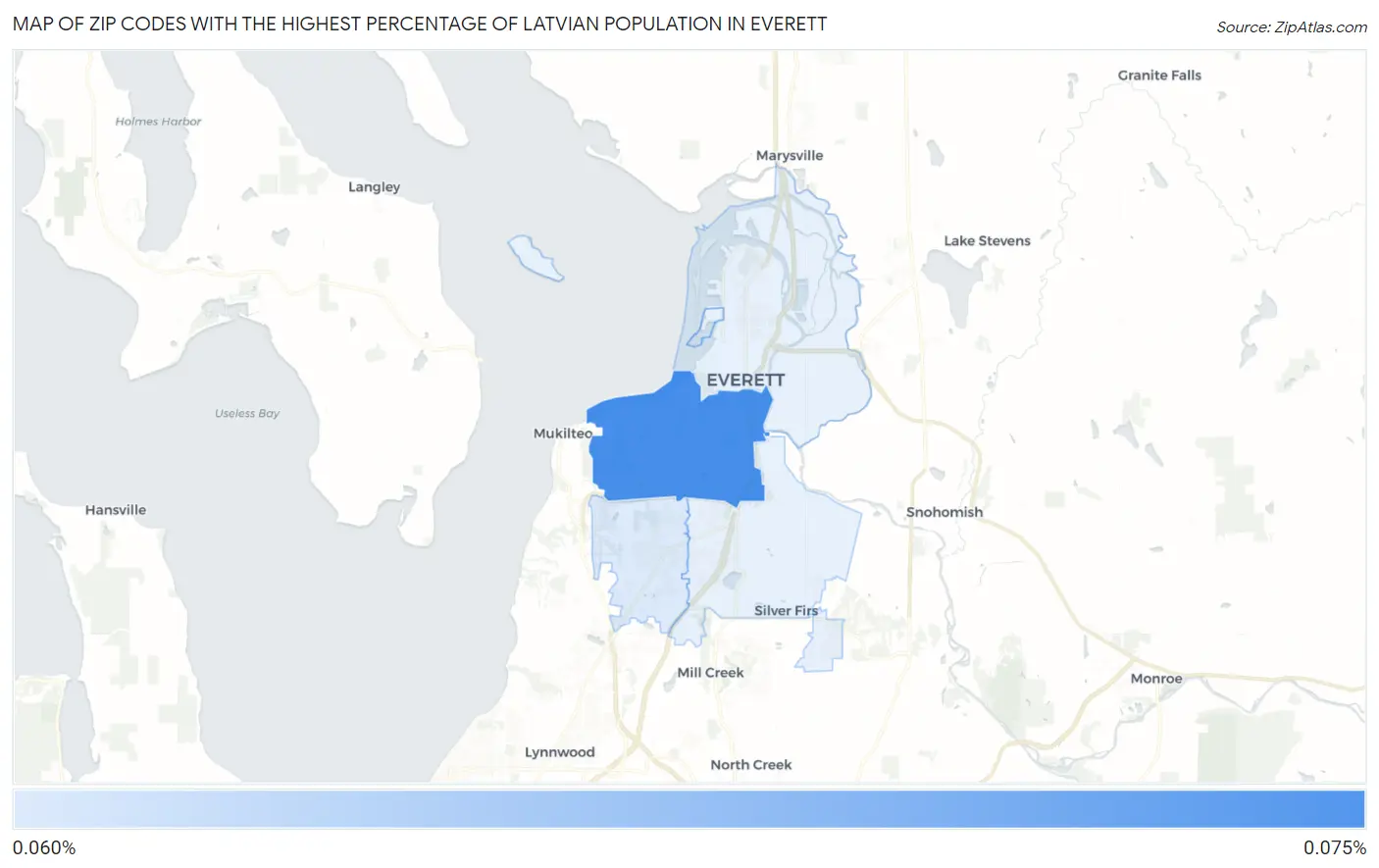 Zip Codes with the Highest Percentage of Latvian Population in Everett Map