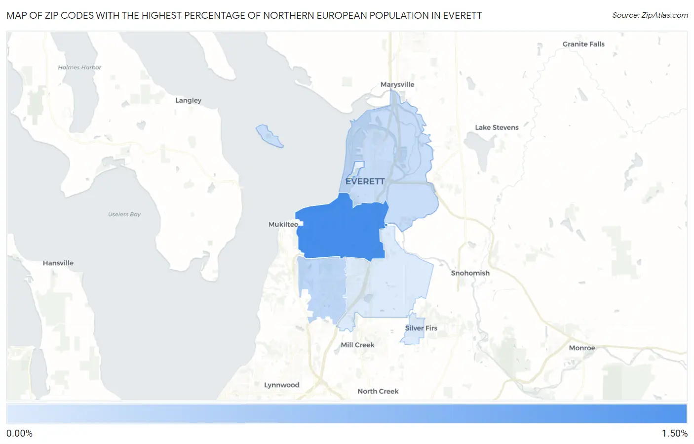 Zip Codes with the Highest Percentage of Northern European Population in Everett Map