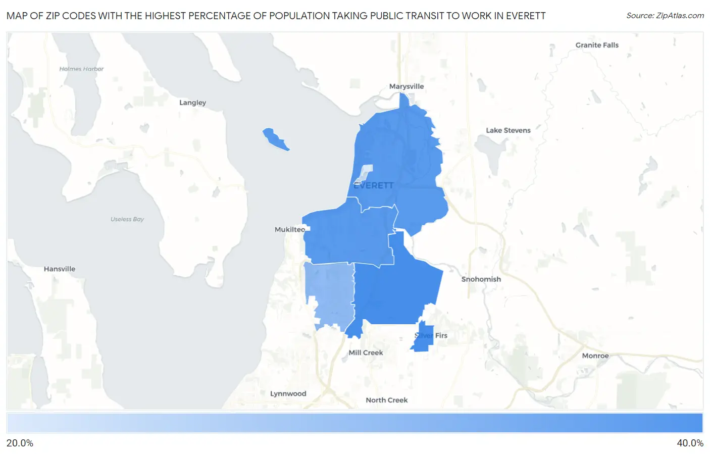 Zip Codes with the Highest Percentage of Population Taking Public Transit to Work in Everett Map