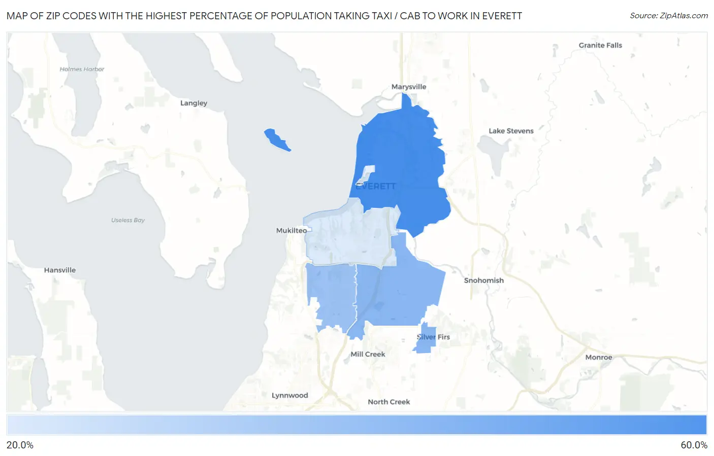 Zip Codes with the Highest Percentage of Population Taking Taxi / Cab to Work in Everett Map
