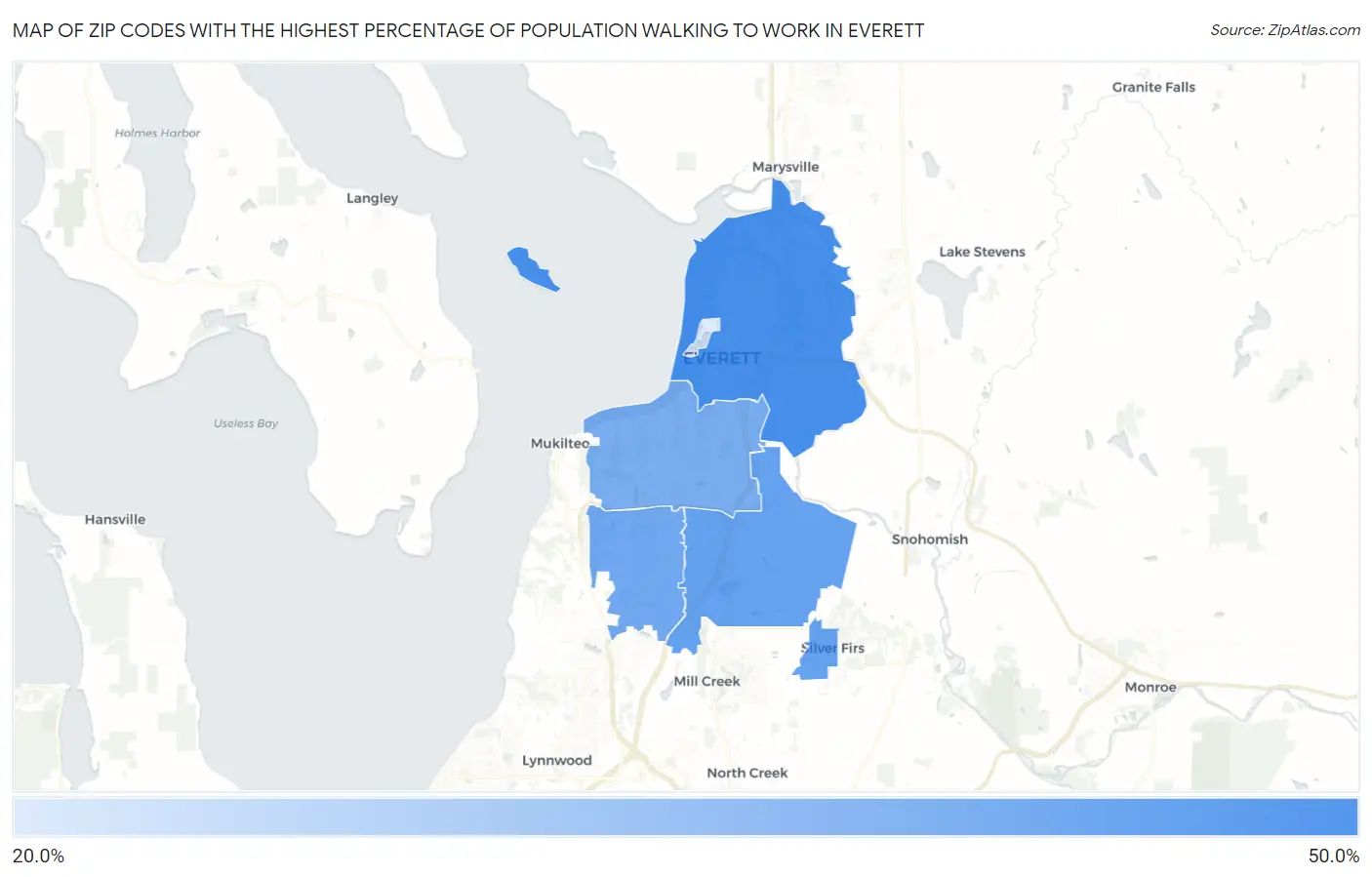 Zip Codes with the Highest Percentage of Population Walking to Work in Everett Map