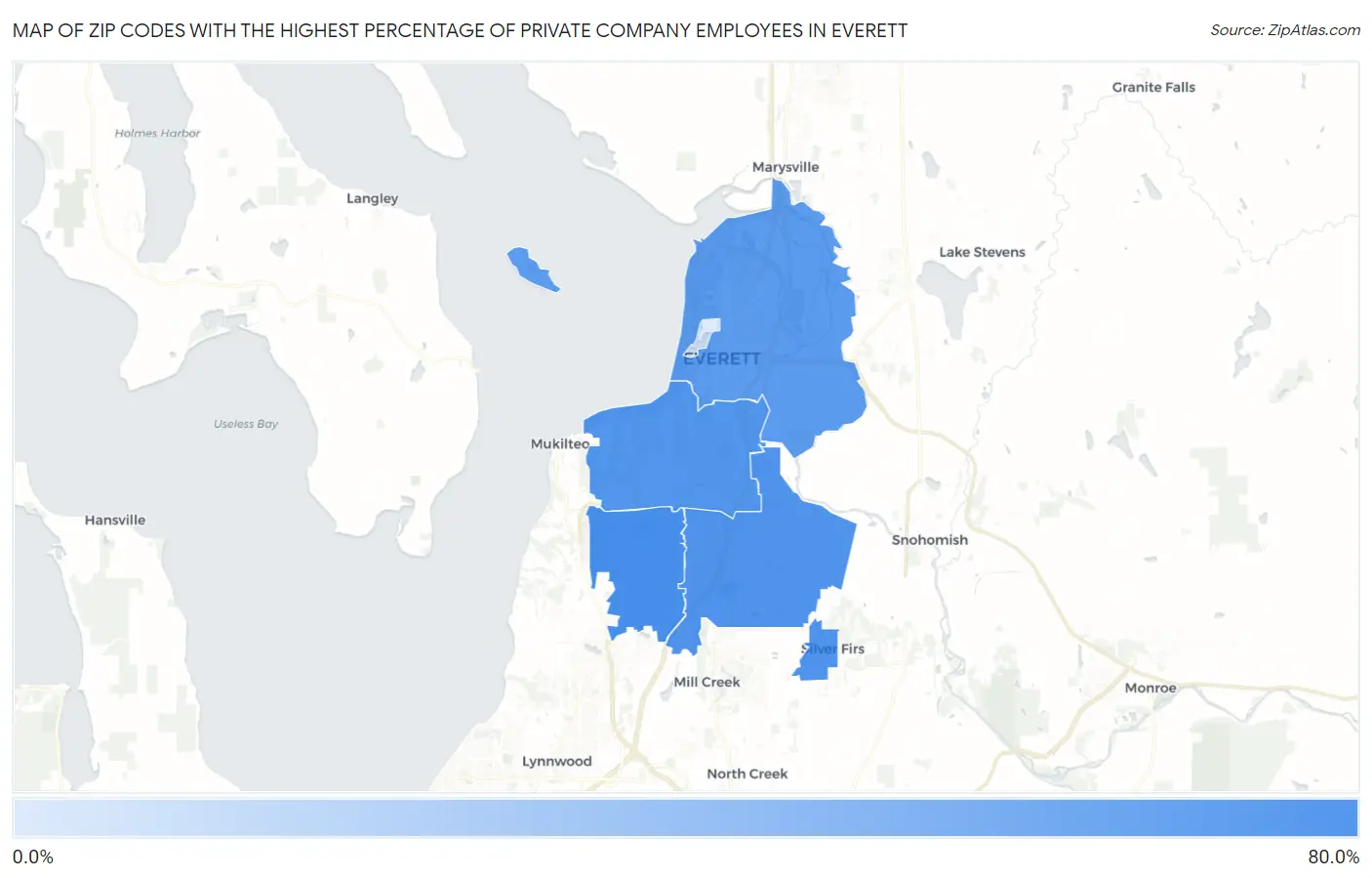Zip Codes with the Highest Percentage of Private Company Employees in Everett Map