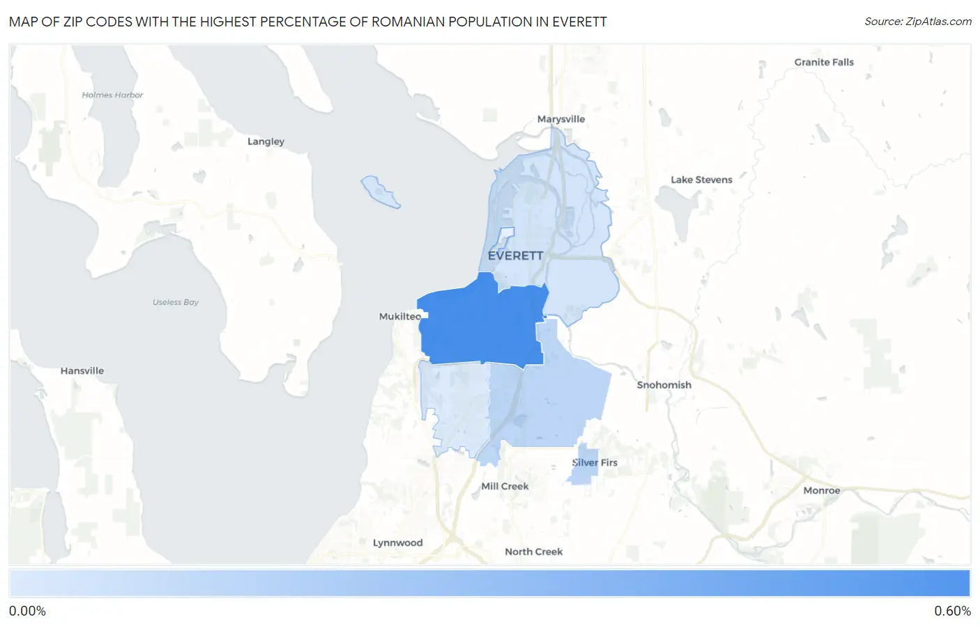 Zip Codes with the Highest Percentage of Romanian Population in Everett Map
