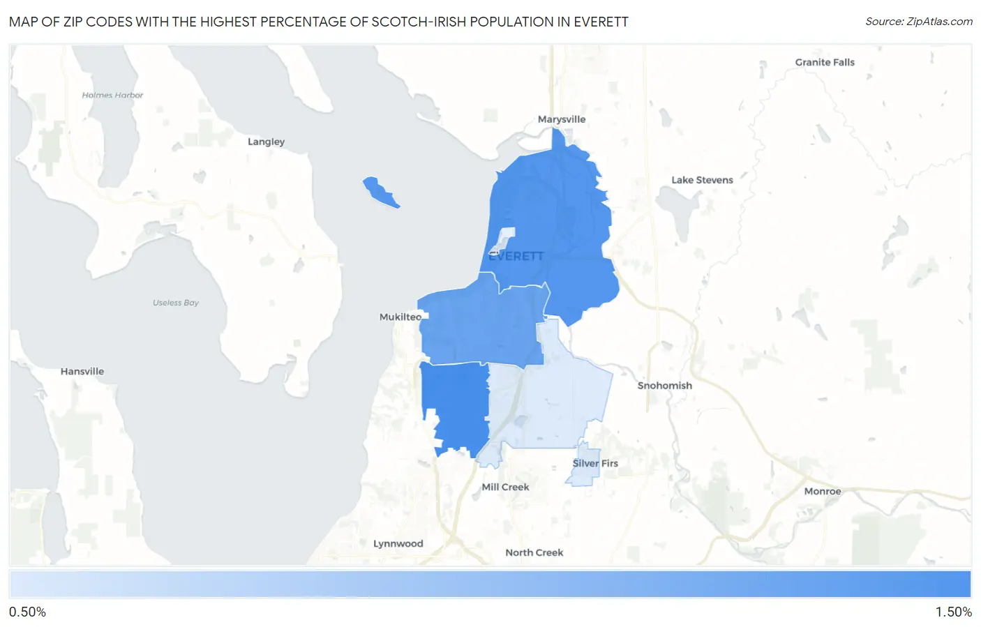 Zip Codes with the Highest Percentage of Scotch-Irish Population in Everett Map