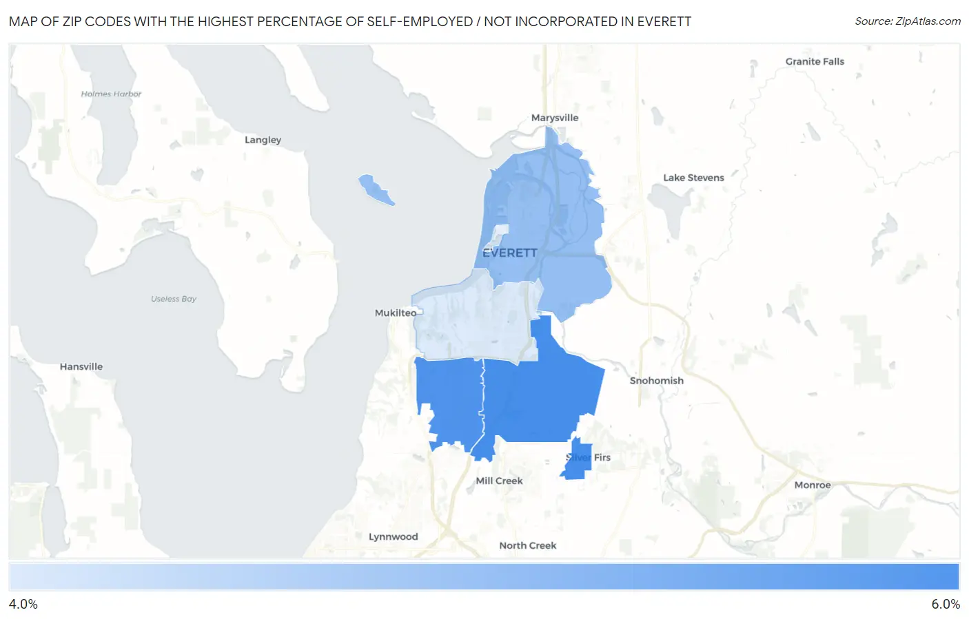 Zip Codes with the Highest Percentage of Self-Employed / Not Incorporated in Everett Map