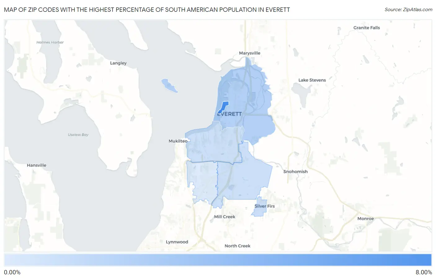 Zip Codes with the Highest Percentage of South American Population in Everett Map