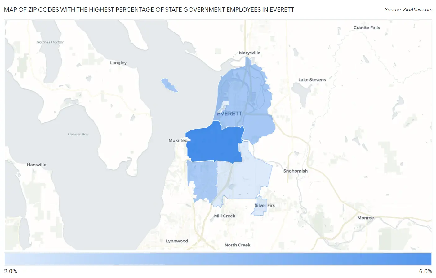 Zip Codes with the Highest Percentage of State Government Employees in Everett Map