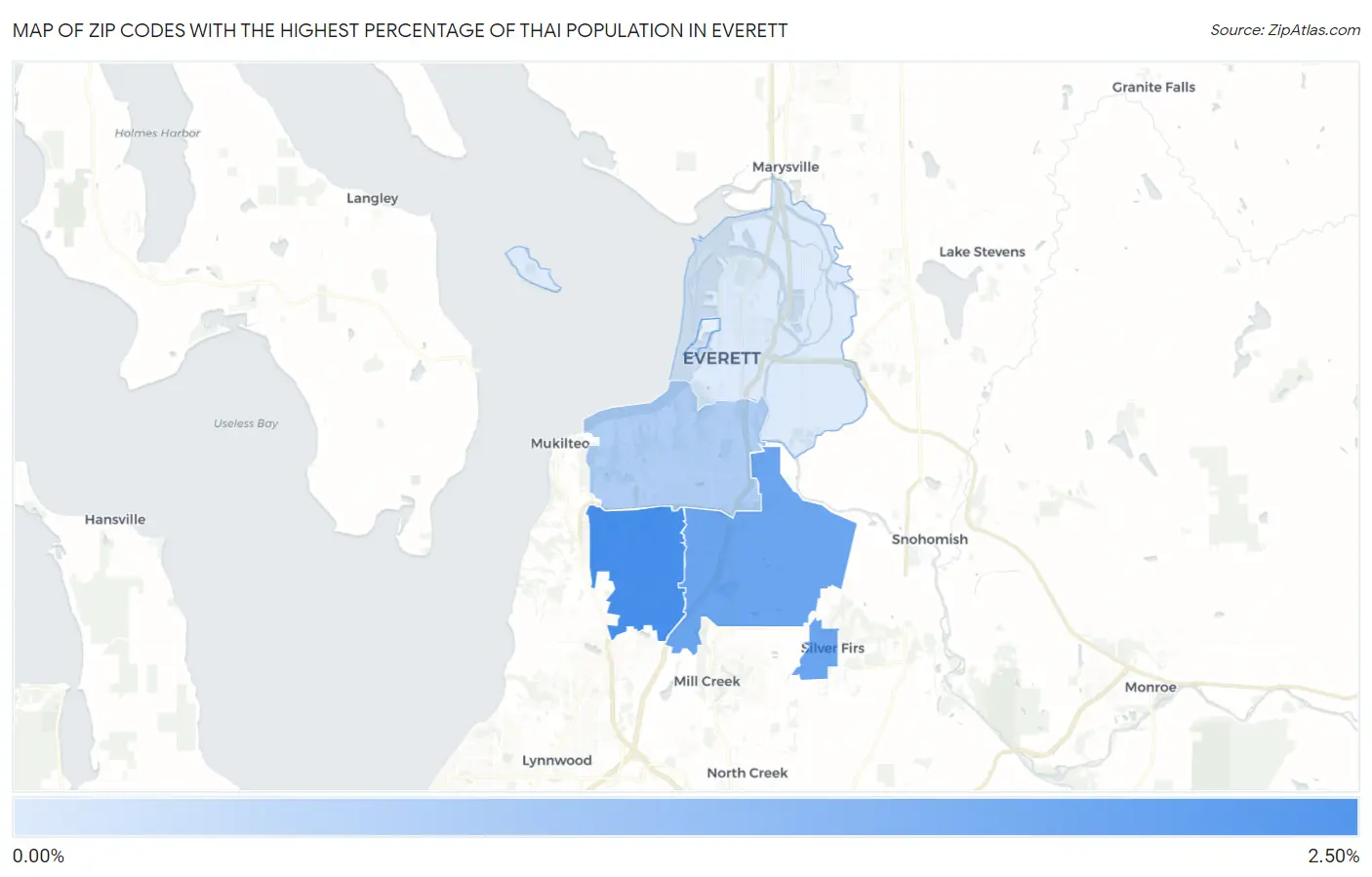 Zip Codes with the Highest Percentage of Thai Population in Everett Map