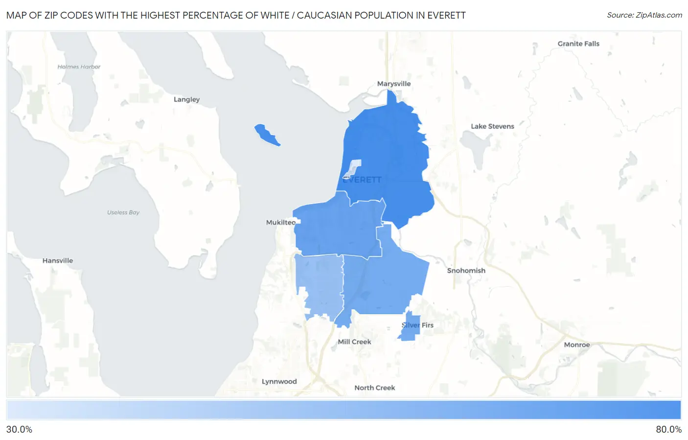 Zip Codes with the Highest Percentage of White / Caucasian Population in Everett Map