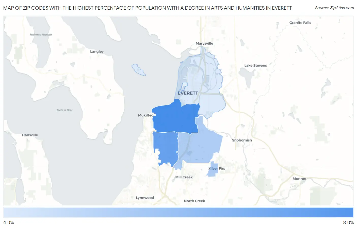 Zip Codes with the Highest Percentage of Population with a Degree in Arts and Humanities in Everett Map