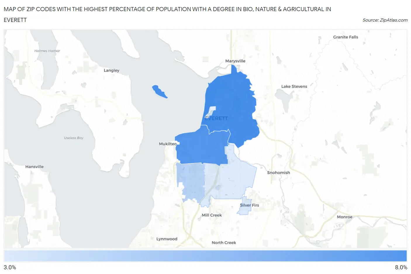 Zip Codes with the Highest Percentage of Population with a Degree in Bio, Nature & Agricultural in Everett Map