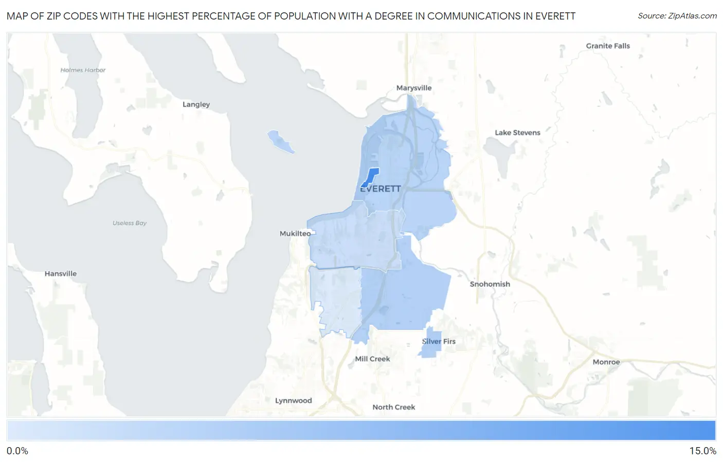 Zip Codes with the Highest Percentage of Population with a Degree in Communications in Everett Map