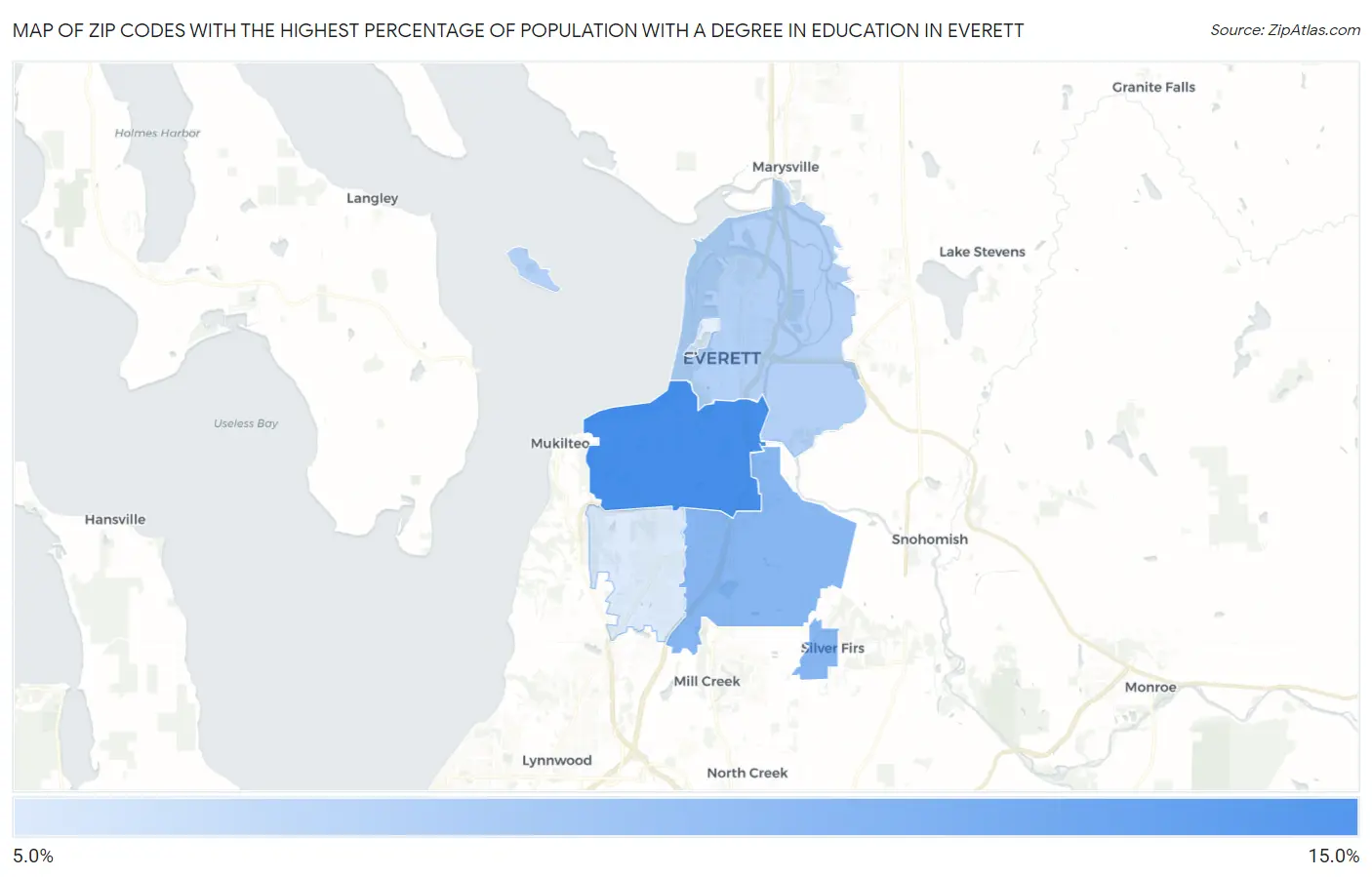 Zip Codes with the Highest Percentage of Population with a Degree in Education in Everett Map