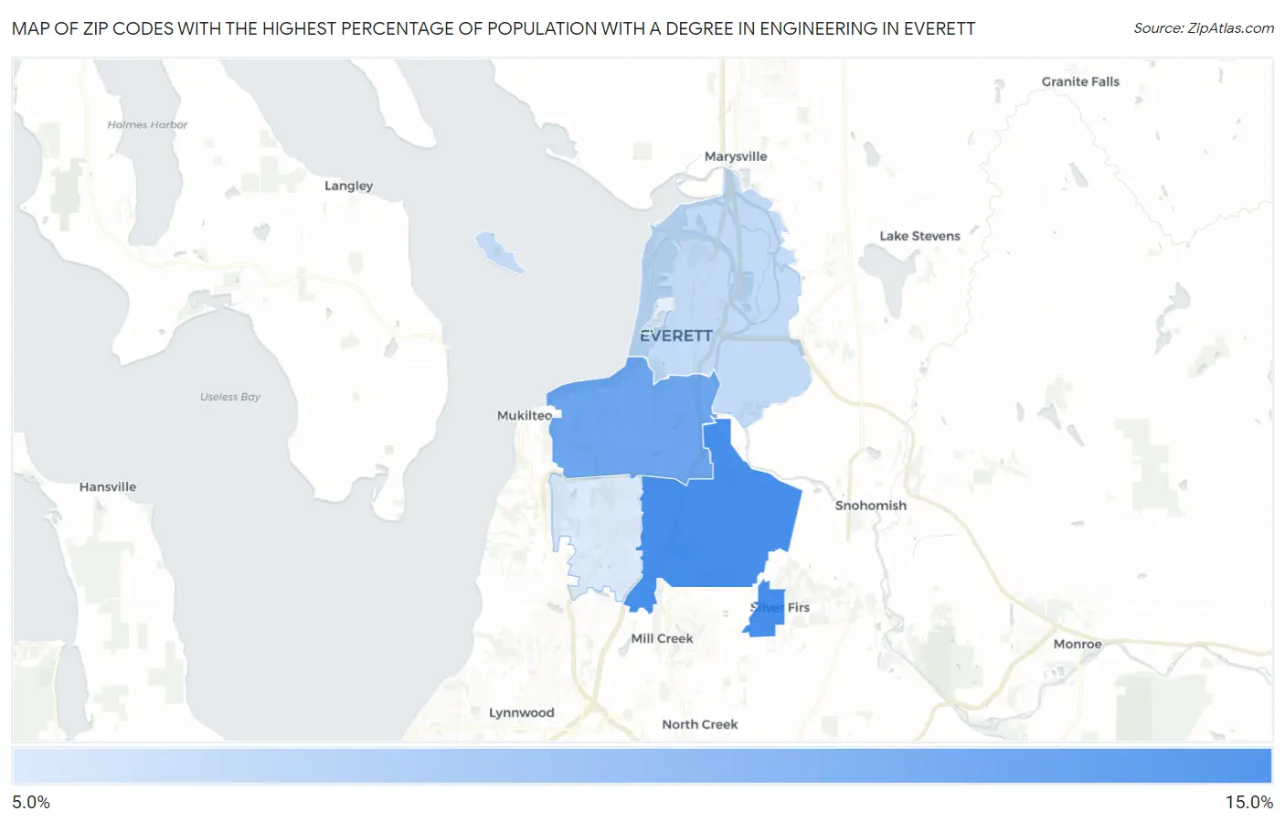 Zip Codes with the Highest Percentage of Population with a Degree in Engineering in Everett Map