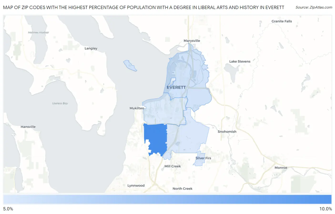 Zip Codes with the Highest Percentage of Population with a Degree in Liberal Arts and History in Everett Map