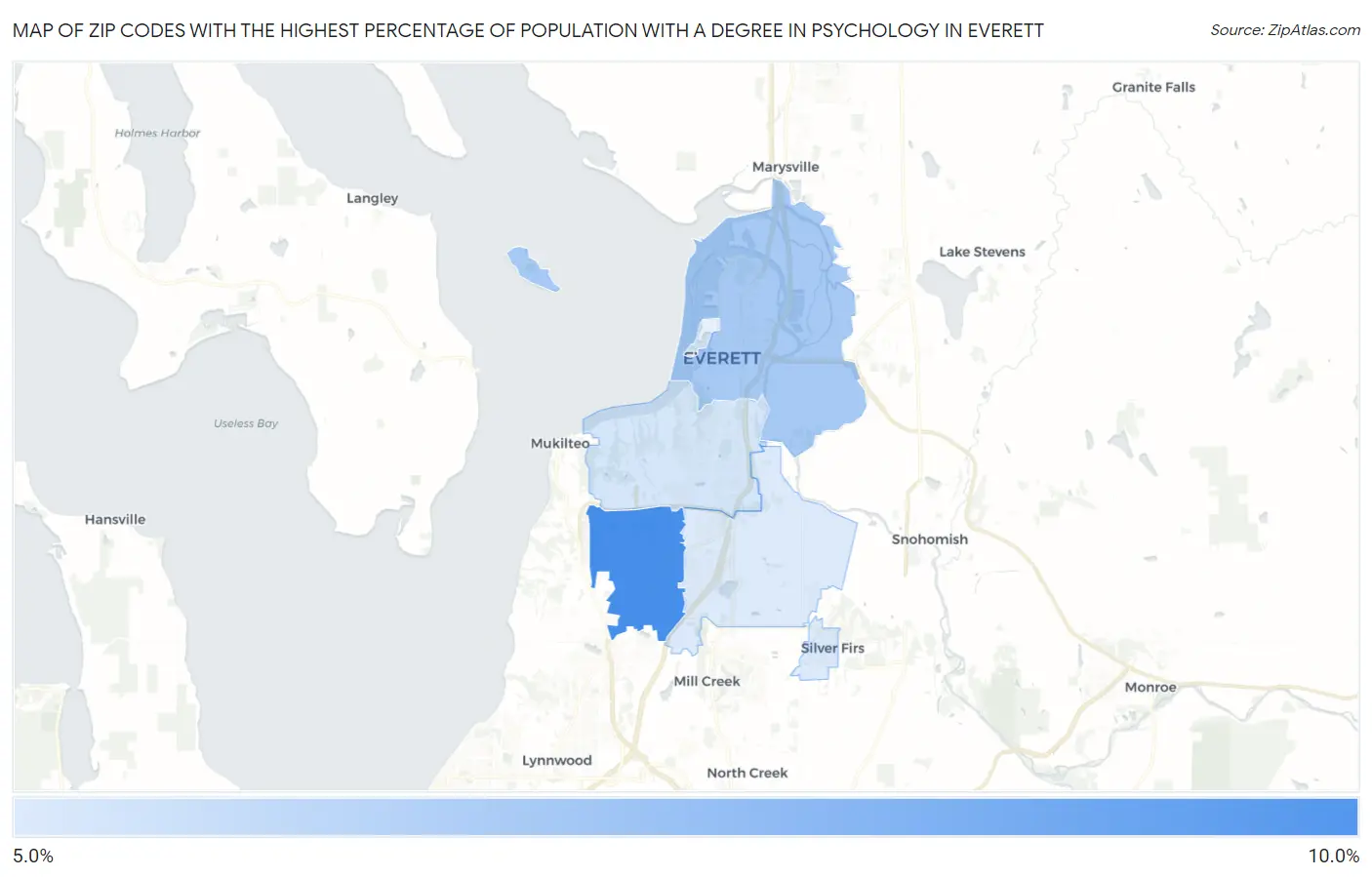 Zip Codes with the Highest Percentage of Population with a Degree in Psychology in Everett Map