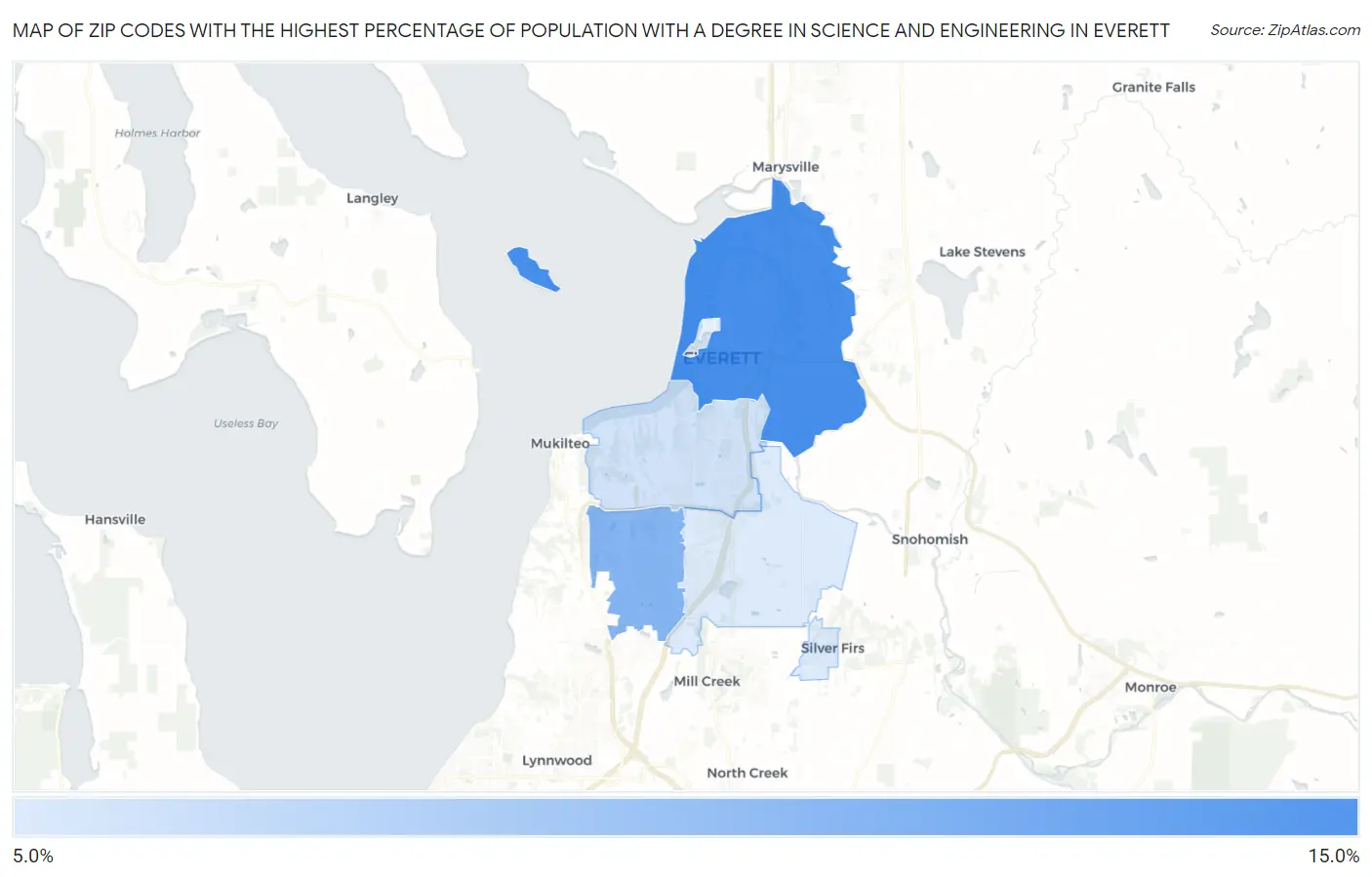 Zip Codes with the Highest Percentage of Population with a Degree in Science and Engineering in Everett Map