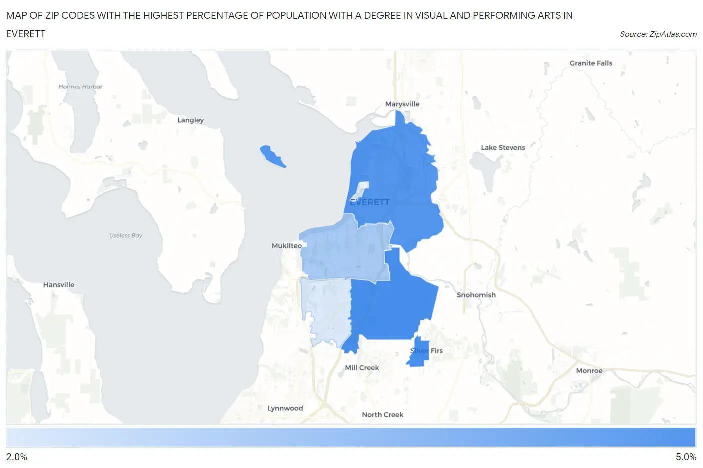 Zip Codes with the Highest Percentage of Population with a Degree in Visual and Performing Arts in Everett Map