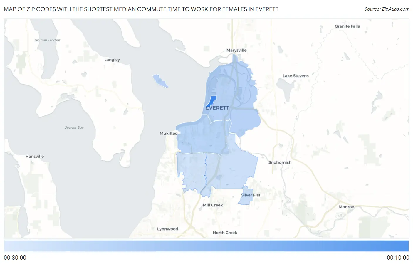 Zip Codes with the Shortest Median Commute Time to Work for Females in Everett Map