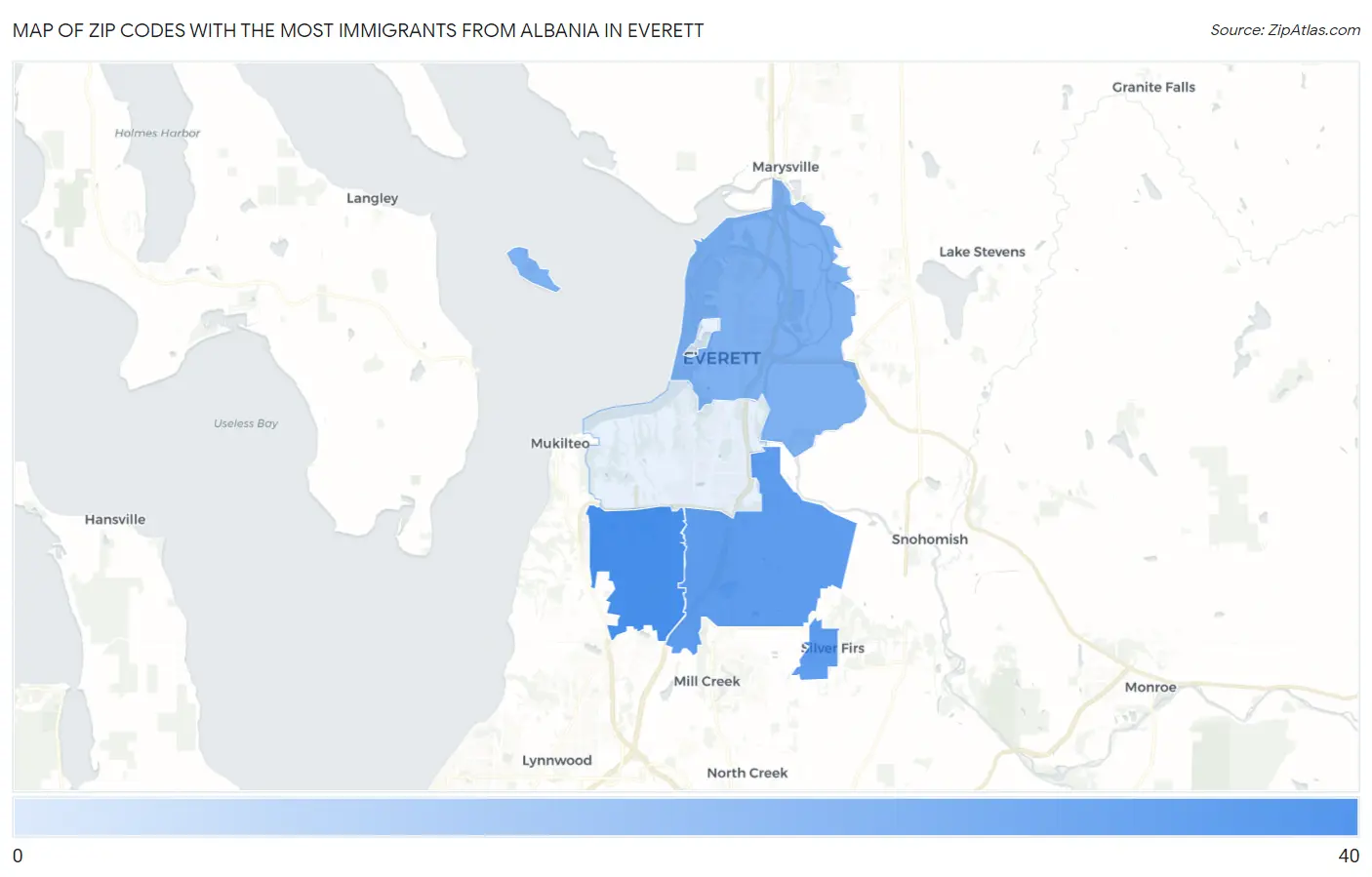 Zip Codes with the Most Immigrants from Albania in Everett Map