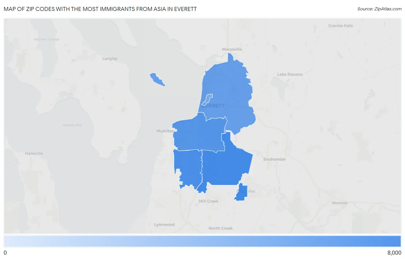 Zip Codes with the Most Immigrants from Asia in Everett Map