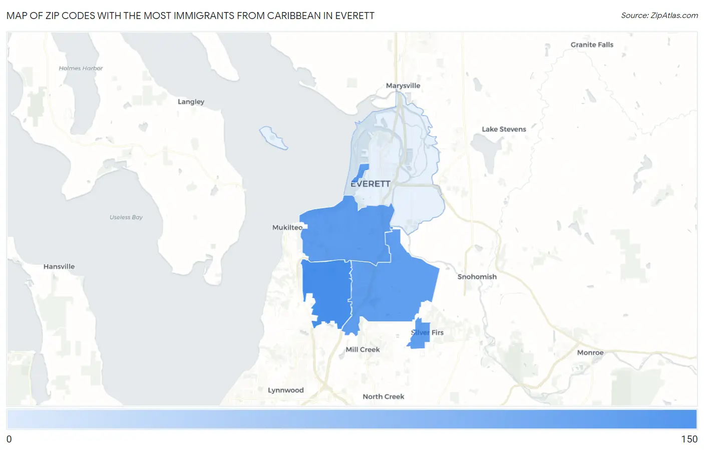 Zip Codes with the Most Immigrants from Caribbean in Everett Map
