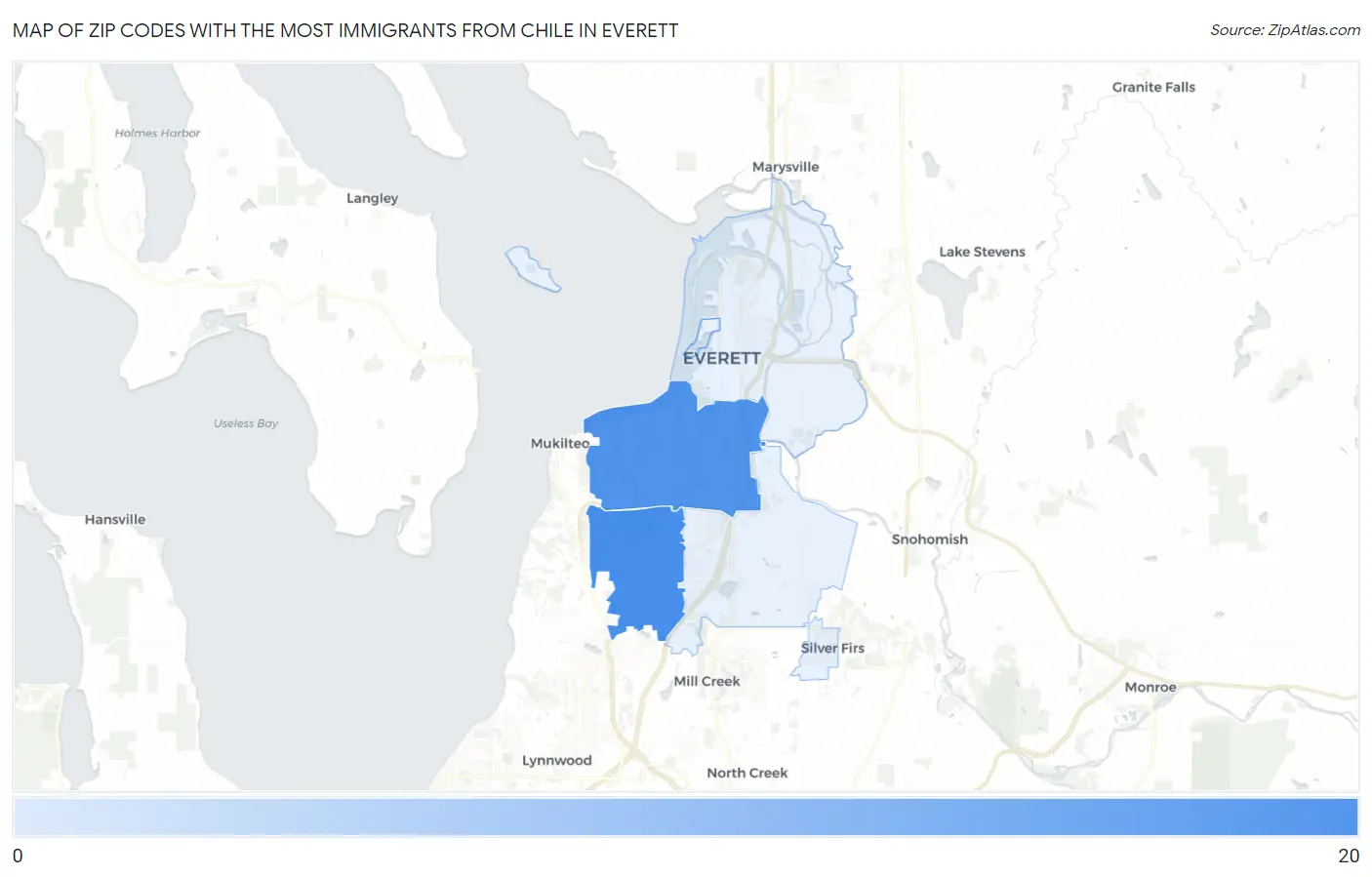 Zip Codes with the Most Immigrants from Chile in Everett Map