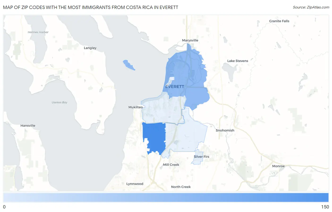 Zip Codes with the Most Immigrants from Costa Rica in Everett Map